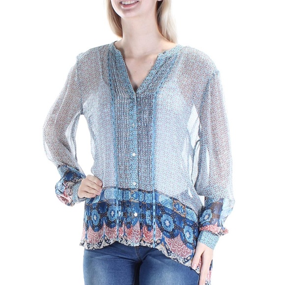 Lucky Brand Mixed Print Blue Multi Blouse Size XS - Picture 3 of 11